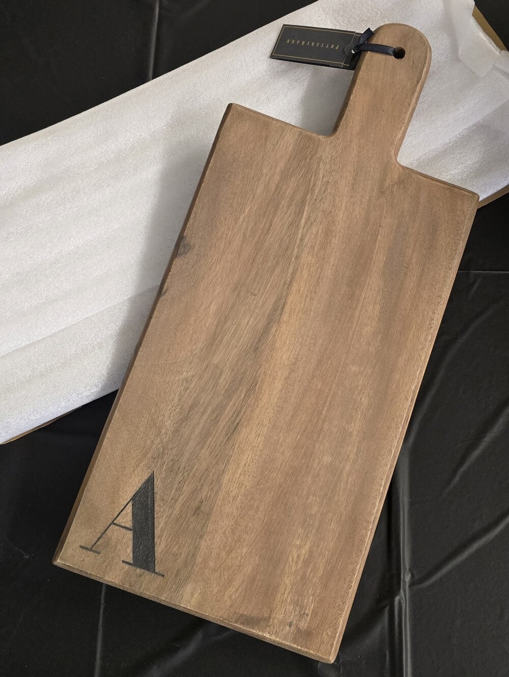 7.5" X 17" Pottery Barn Cutting Board with A initial. New in box.
